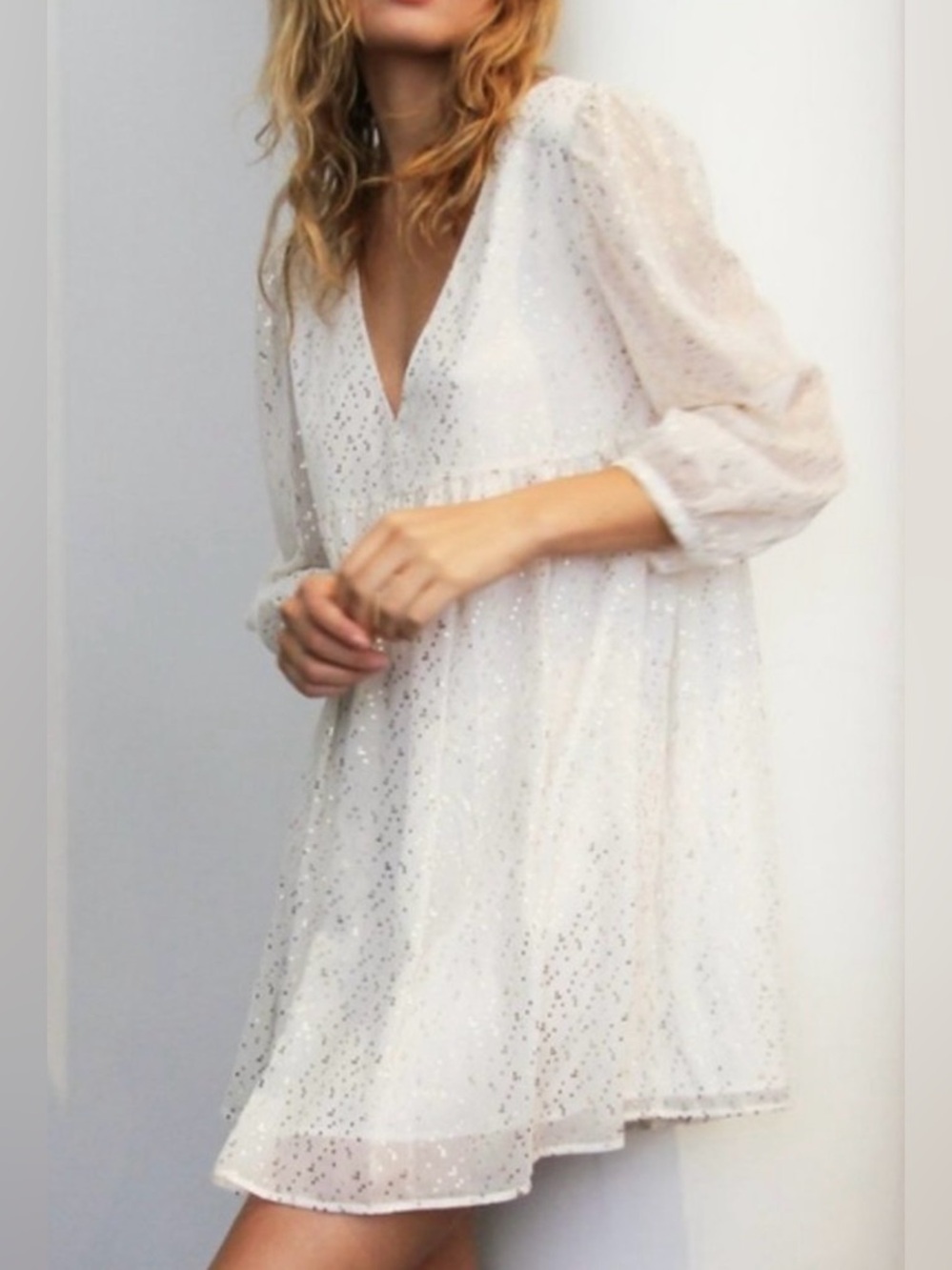 Sundays Best white Sparkle V-Neck Babydoll Dress